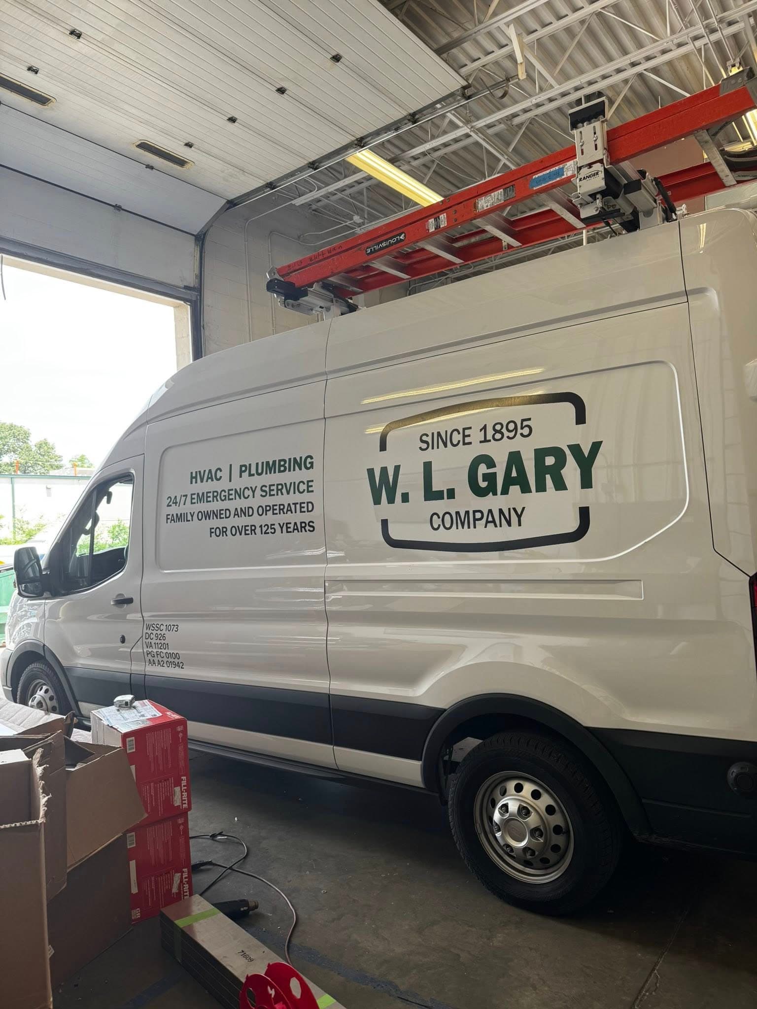 W.L. Gary Company HVAC plumbing white van with full vinyl wrap